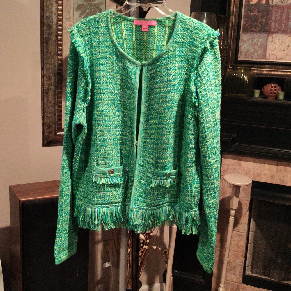 FINAL PRICE Lilly Pulitzer Fringed Knit Sweater Jacket w Signature Gold Buttons - Picture 3 of 15